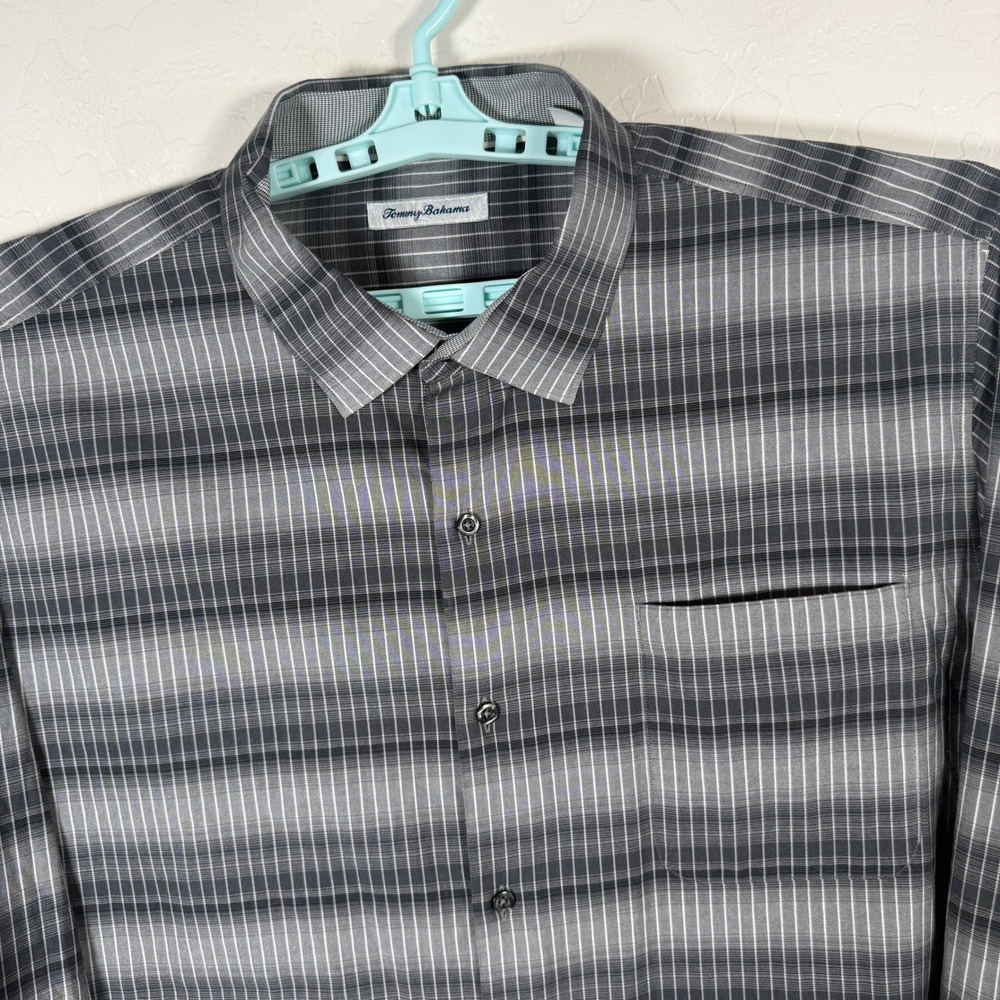 Tommy Bahama Shirt Mens 2XL Gray Striped Silk Blend Long Sleeve Casual Button Up